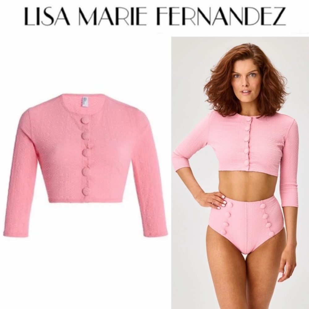 LISA MARIE FERNANDEZ Seersucker Cropped Cardigan in Pink sz 2 275$